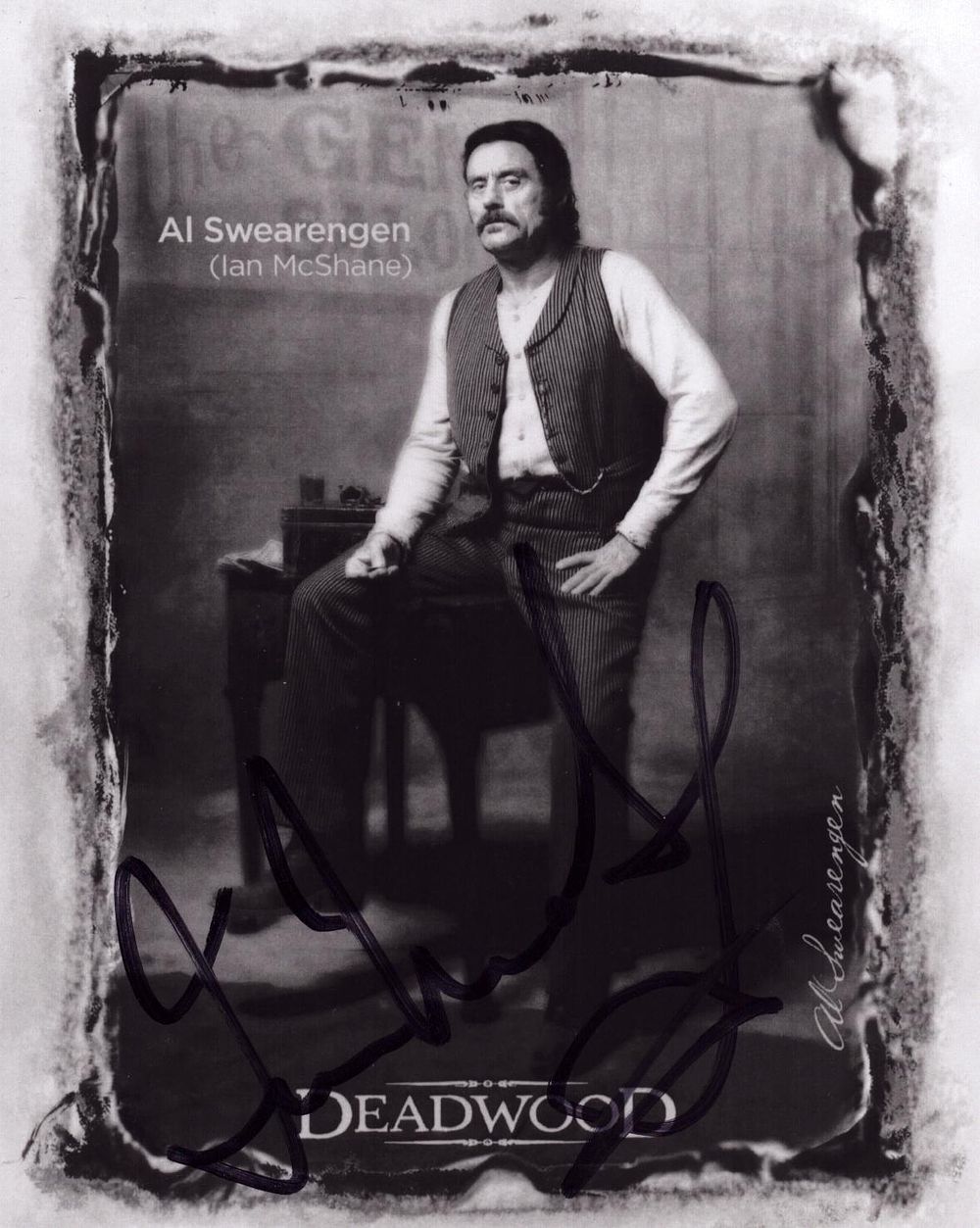 Lot 188: Ian Mcshane signed 4x4inch black and white photo.