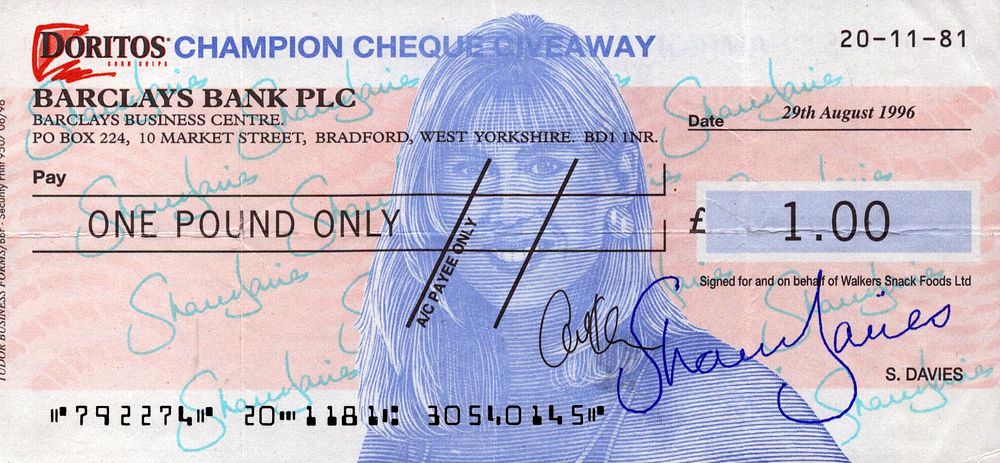 Lot 199: Sharon Davies signed cheque.