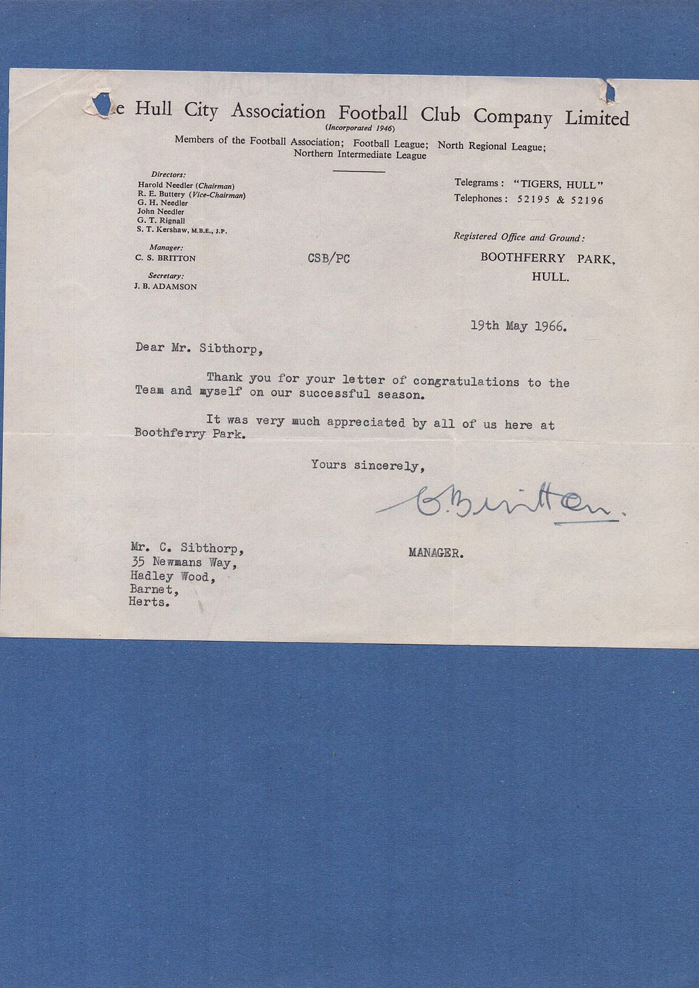 Lot 334: Cliff Britton - Hull City Manager TLS dated...