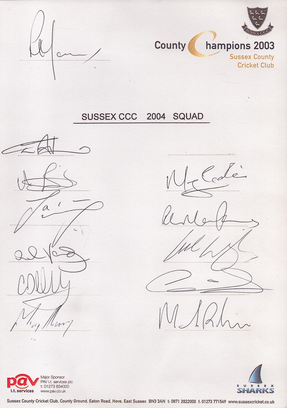 Lot 337: Sussex CCC signed A4 sheet. Signed by 12...
