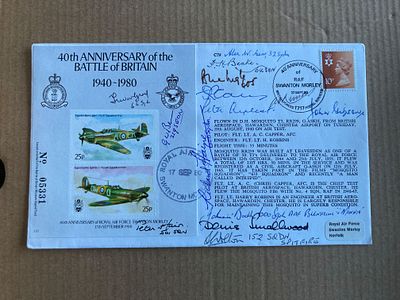 WW2 13 Battle of Britain pilots signed 40th ann BOB RAF cover. Autographs inc. Denis Smallwood 