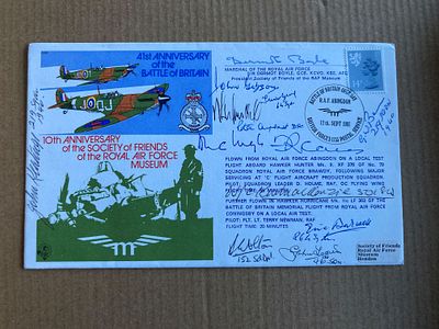 Battle of Britain 13 WW2 RAF pilots signed flown cover inc Barwell, Carey, Benn. Autographed by 