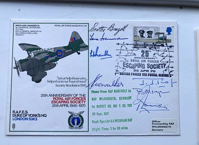 Seven WW2 Escapers SOE signed rare flown 25th Ann RAF Escaping Society cover. Includes Bryn 