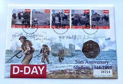 WW2 rare Dday coin FDC signed 3 George Cross winners Finney GC, H Flintoff GC, J Beaton GC and 