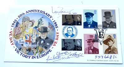 WW2 rare Churchill Victory in Europe FDC signed 3 George Cross winners C Finney GC, H Flintoff 