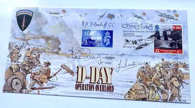 WW2 rare Operation Overlord cover signed 3 George Cross winners C Finney GC, H Flintoff GC, J 