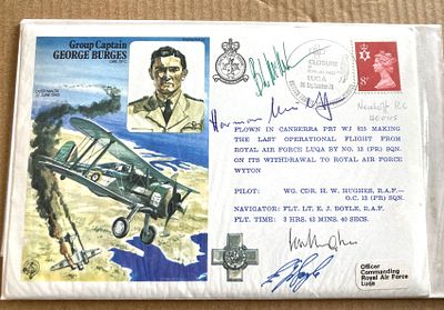 WW2 Luftwaffe Ace Hermann Neuhoff KC, USAF ace B McMahon signed RAF cover. Grp Capt George 