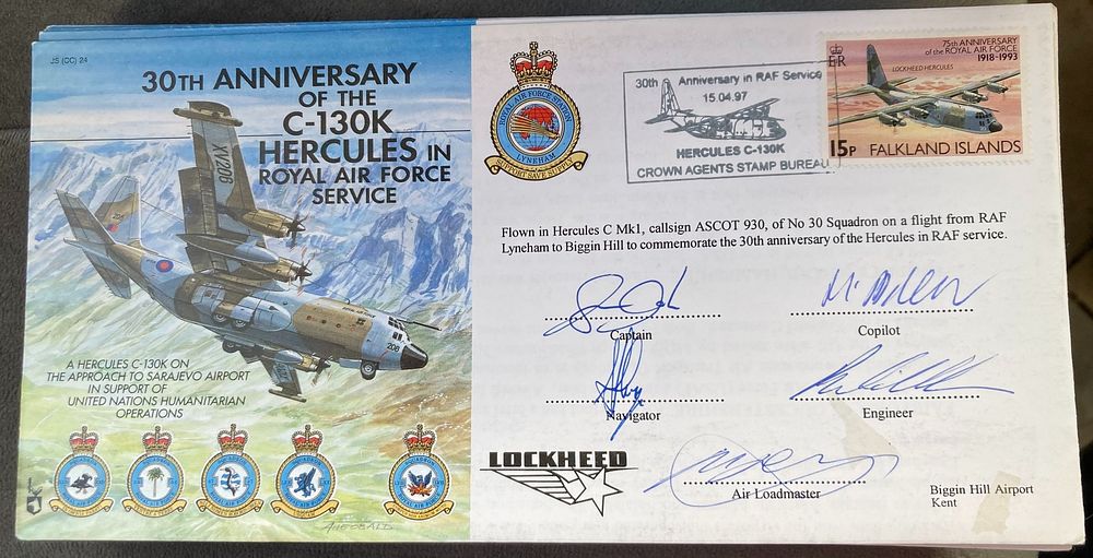 RAF Full Crew Hercules C Mk1, Callsign ASCOT 930 of 30 sqn 15.04.97 signed JS(CC)24 30th ann of 