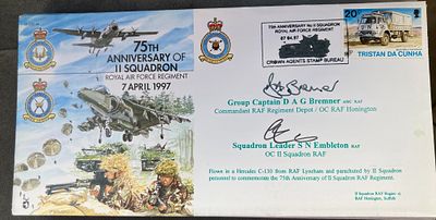 RAF Grp Capt D.A.G. Bremner and Sqn Ldr S.N. Embleton signed JS(CC)29 75th ann of II Sqn RAF 