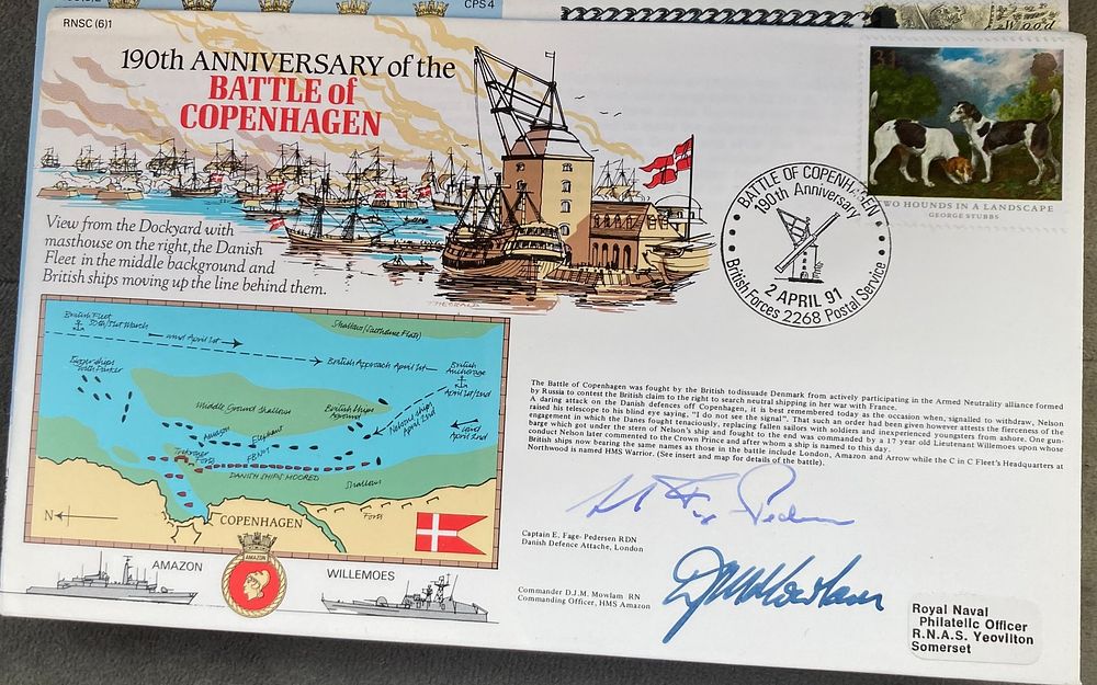Roal Navy Capt E Fage-Pedersen and Cmdr D.J.M. Mowlam signed RNSC(6)1 190th ann of the Battle 