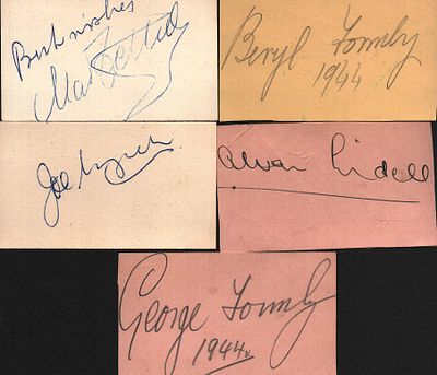 Clipped signature piece collection. 5 in total. Includes Beryl Formby, Joe Lynch, Alvan Lindell 