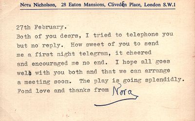 Nora Nicholson signed 6x4inch white postcard.