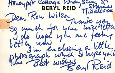 Beryl Reid signed 6x4inch postcard.