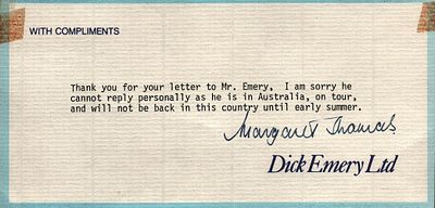Dick Emery signed compliment slip.