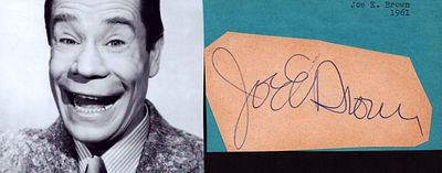 Joe E Brown clipped signature with unsigned small black and white photo.