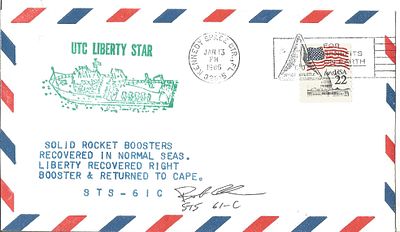 Astronaut Robert J Cenker signed UTC Liberty Star FDC PM Kennedy Space CTR FL, 32815 JAN 13 1986.