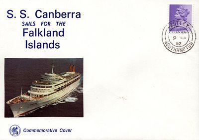 SS Canberra sails for the Falkland islands, stamped 9th April 1982 FDC.