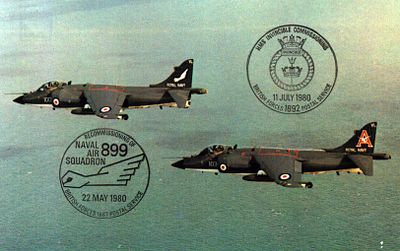 Royal navy sea harriers airborne over the English channel photograph, stamped 22nd may 1980 FDC.