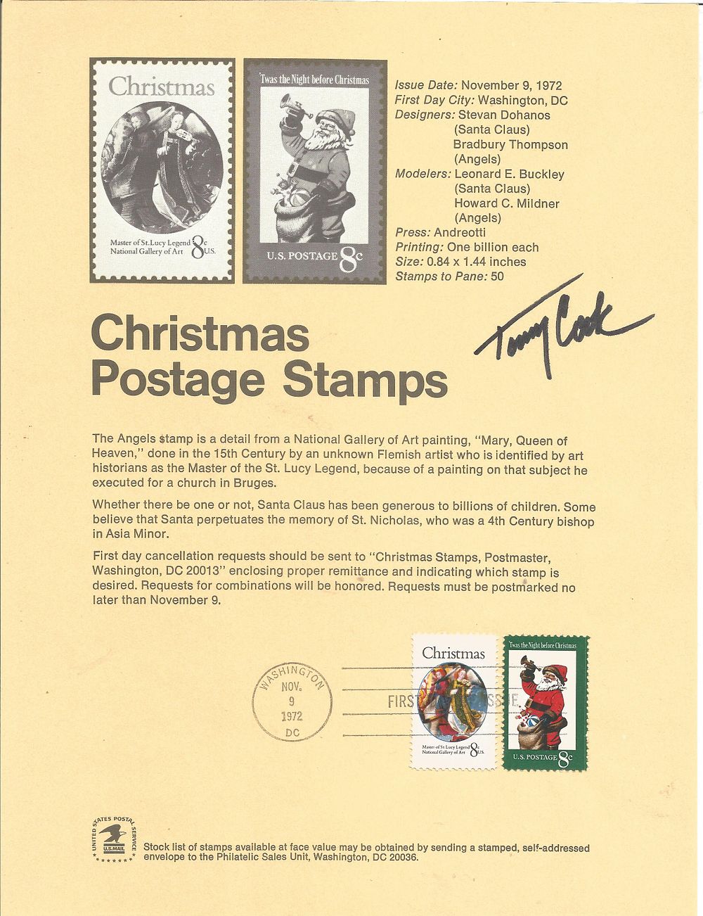 Tommy Cook signed stamp sheet.
