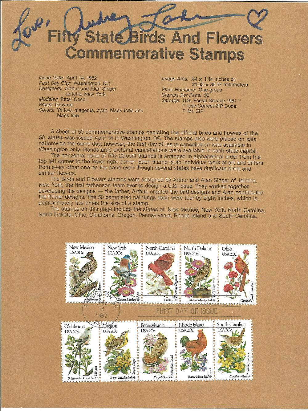 Audrey Landers signed stamp sheet.