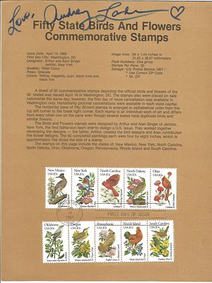 Audrey Landers signed stamp sheet.
