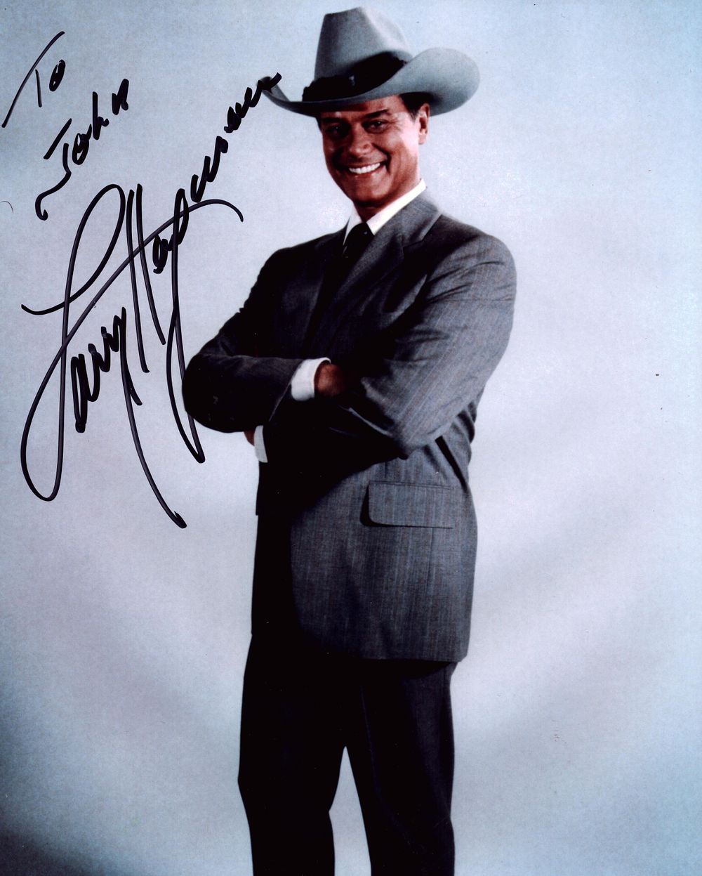 Lot 153: Larry Hagman signed 10x8inch colour photo. Dedicated.