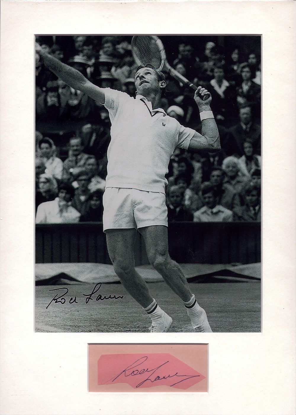 Lot 193: Rod Laver mounted below black and white photo....