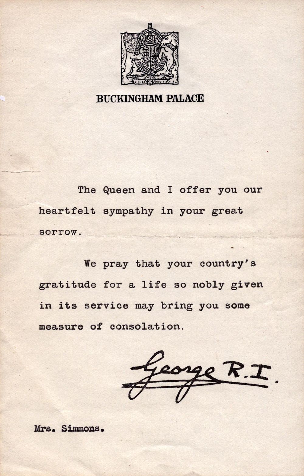 Lot 231: Printed signed typewritten letter adressed to Mrs. Simmons...