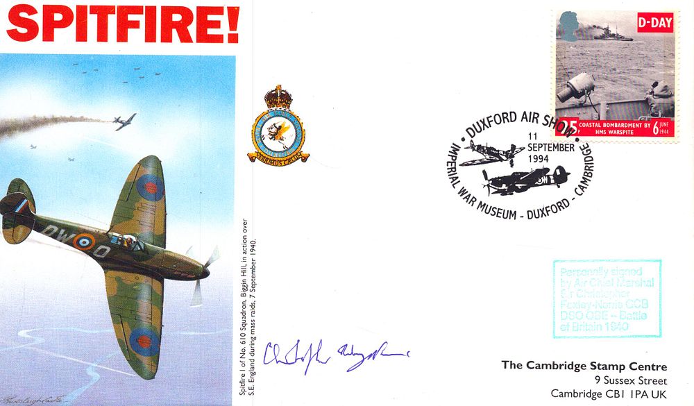Lot 283: Chrstopher Foxley-Norris signed Spitfire! FDC stamped at Duxford...