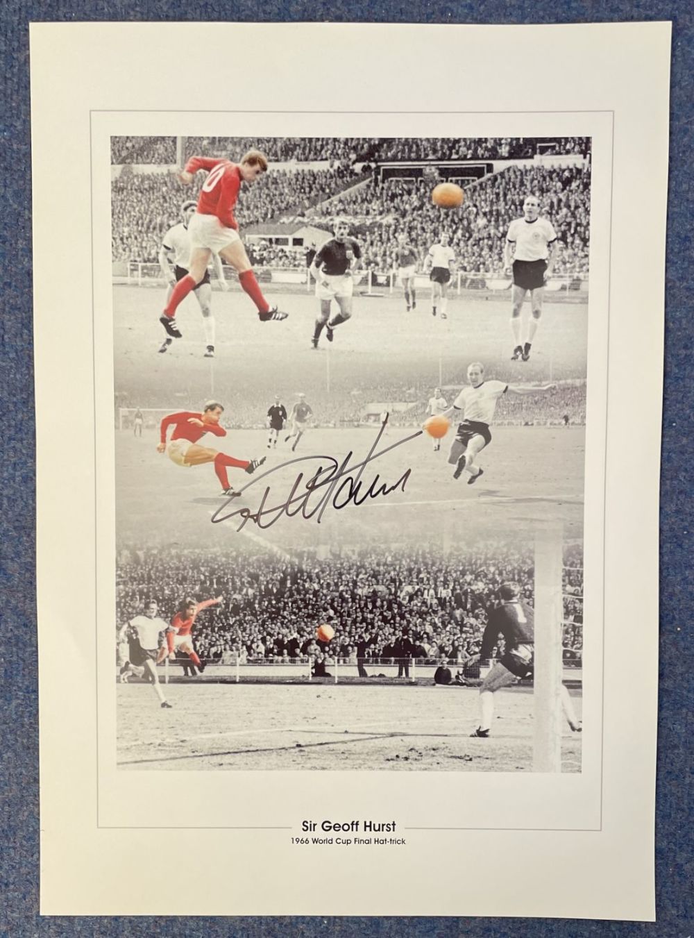 Lot 253: Sir Geoff Hurst signed 20x14 colourised montage print...