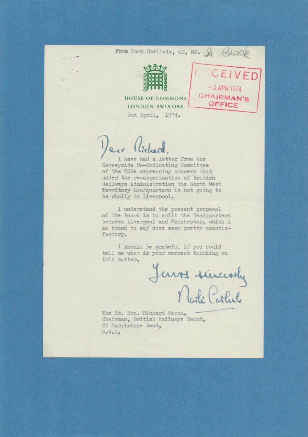 Lot 151: Mark Carlisle TLS on House of Commons paper....