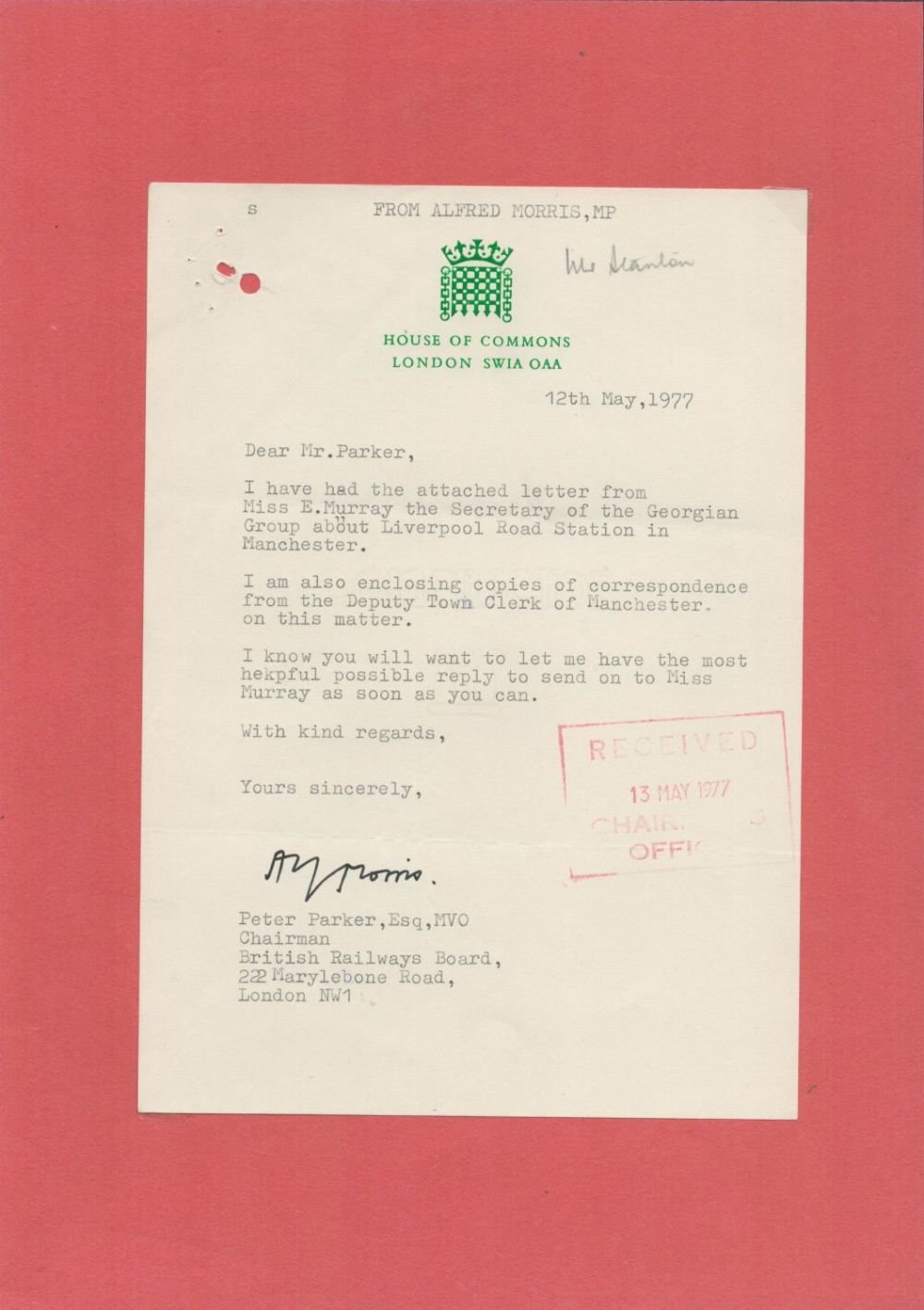 Lot 152: Alf Morris TLS on House of Commons paper....