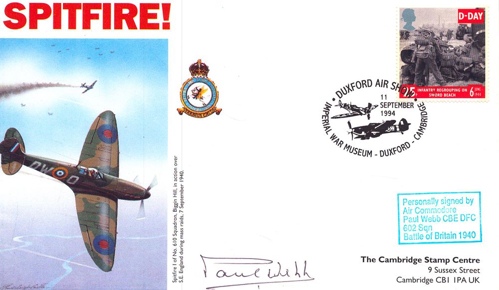 Lot 434: Paul Webb signed Spitfire! FDC stamped at Duxford...
