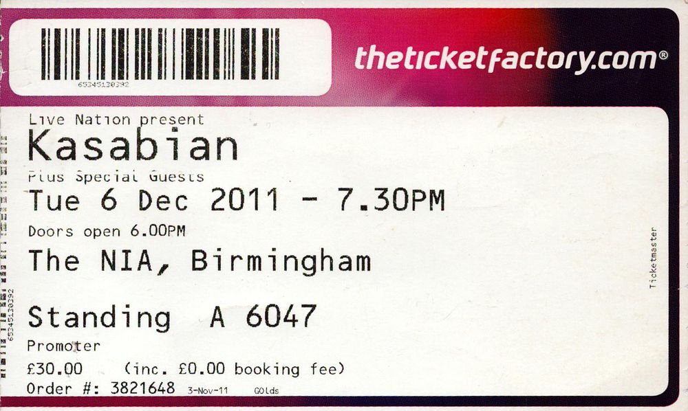 Lot 438: Concert ticket for Kasabian Tuesday 6th December 2011...