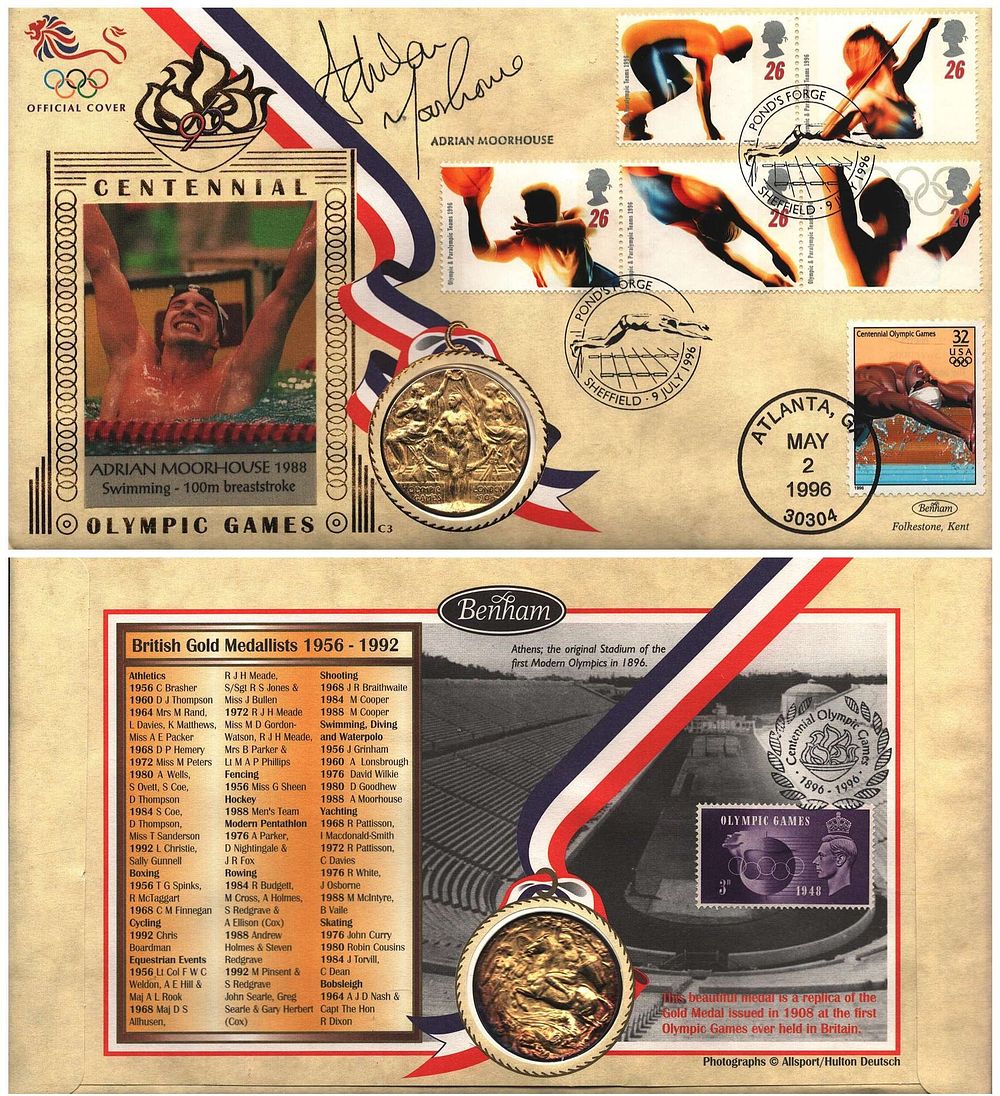 Lot 481: Adrian Moorhouse signed FDC. Centennial Olympic Games includes...