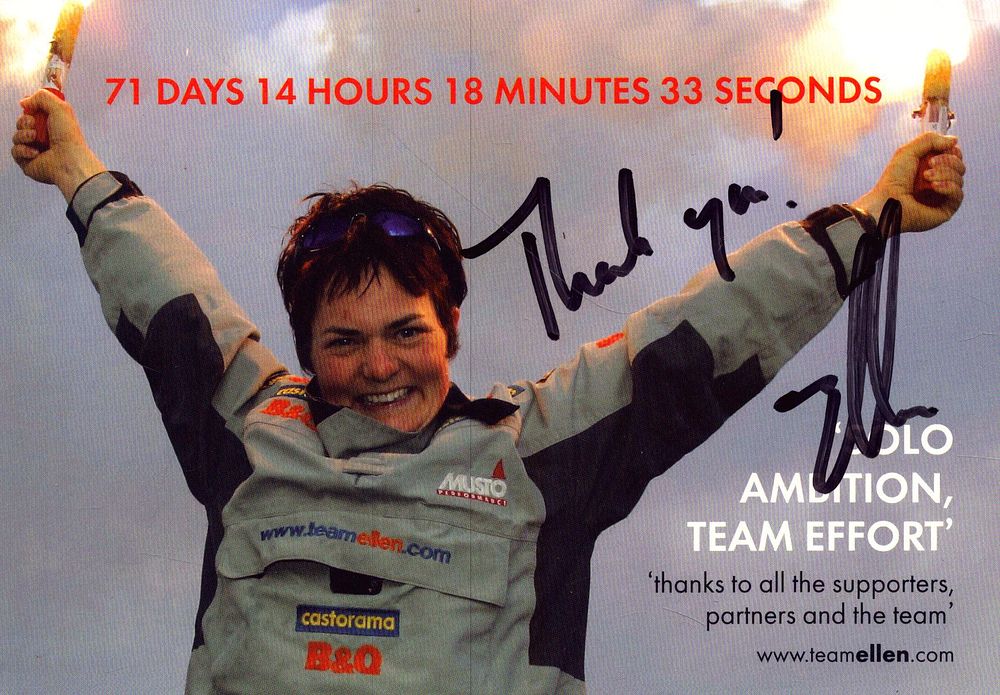 Lot 511: Ellen MacArthur signed poat card, with writing on...