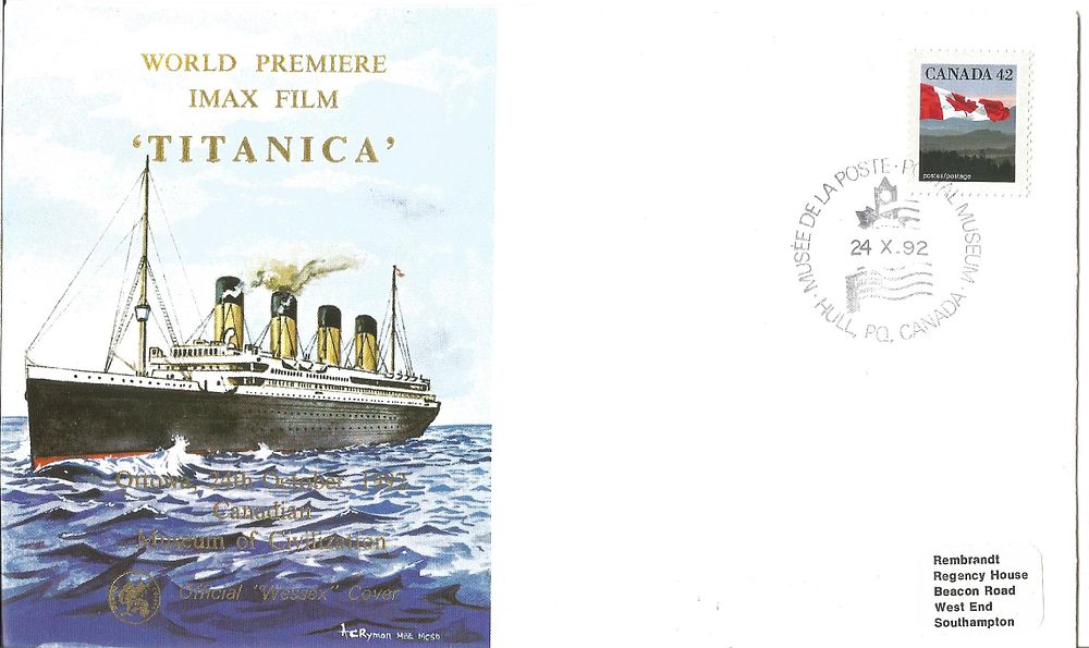 Lot 607: Titanica wórld premiere imax film FDC. 24/10/92 Hull...