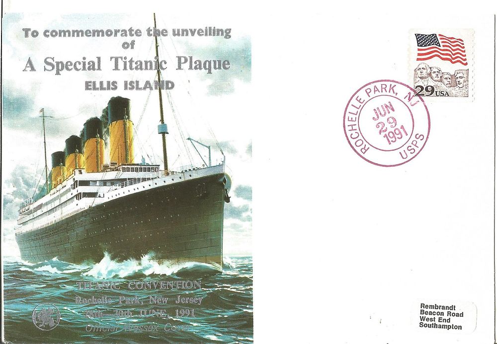 Lot 612: Special Titanic plaque FDC. 29/6/1991 NJ postmark.