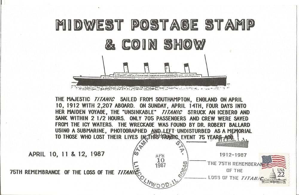 Lot 652: Midwest postage stamp and coin show sheet. 10/4/87...