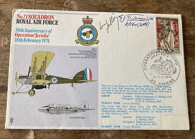 RAF 21 Bomber Sqn 30th anniv of Operation Jericho 18 Feb 1974 cover signed Lord Jelling and EJD 