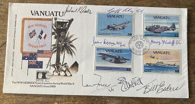 VC/GC signed FDC New Hebrides Vanuatu Participation WW11 Signed Pilots and Artist 2 5 92 Port 