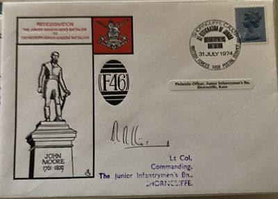 RAF Lt Col R Altos signed Commander Junior Infantrymen's Battalion Shorncliffe FDC 31 Jul 1974. 