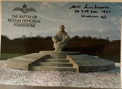 Battle of Britain Memorial Postcard signed Sgt E W Seabourne 238 sqn 1940 Hurricane WW2 BoB 