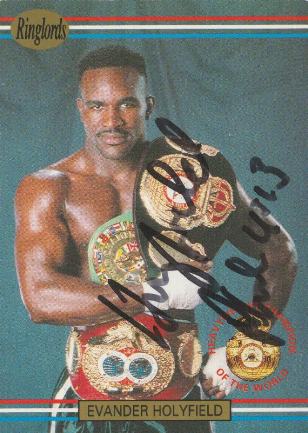 Lot 197: Evander Holyfield, a signed 3. 5x2. 5 Ringlords...