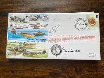 RAF Flown Jim Cooksey, Geoff Worrall and Roy Blundell signed 55th ann Gloster G41 Meteor first 