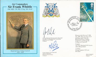 RAF AVM RM Austin and Grp Cptn JD Lunt Signed Air Commodore Sir Frank Whittle FDC. Flown in a 
