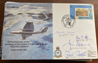 WW2 Multiple signed E E Canberra bomber cover. Signed by AVM D Bower AFC, Grp Capt Petty DSO 