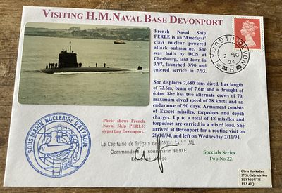 Royal Navy Visiting HM Haval Base Development - French Naval Ship Perle cover signed Le 