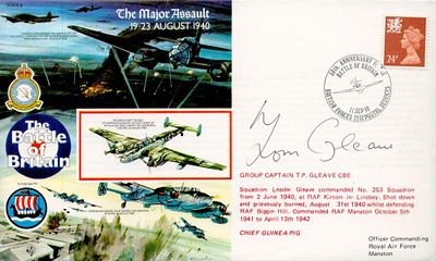 WW2 BOB fighter pilot Grp Capt Tom Gleave 253 sqn signed 50th ann Battle of Britain cover RAFA9 