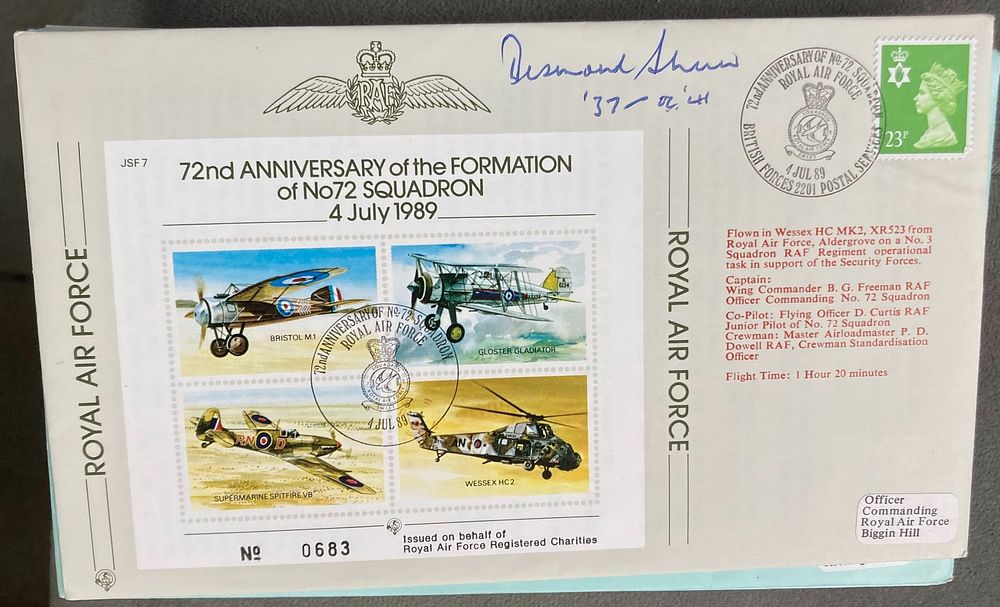 RAF WW2 Grp Capt F.B. Desmond Sheen signed JSF 7 72nd ann of the Formation of No72 Sqn 4 July 